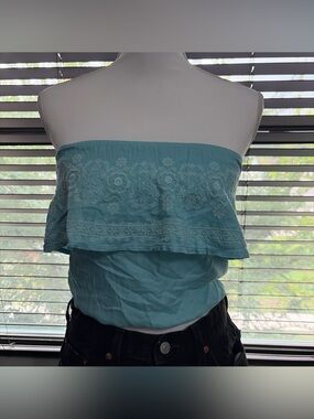 Hollister Teal Embroidered Strapless Ruffle Tube Top